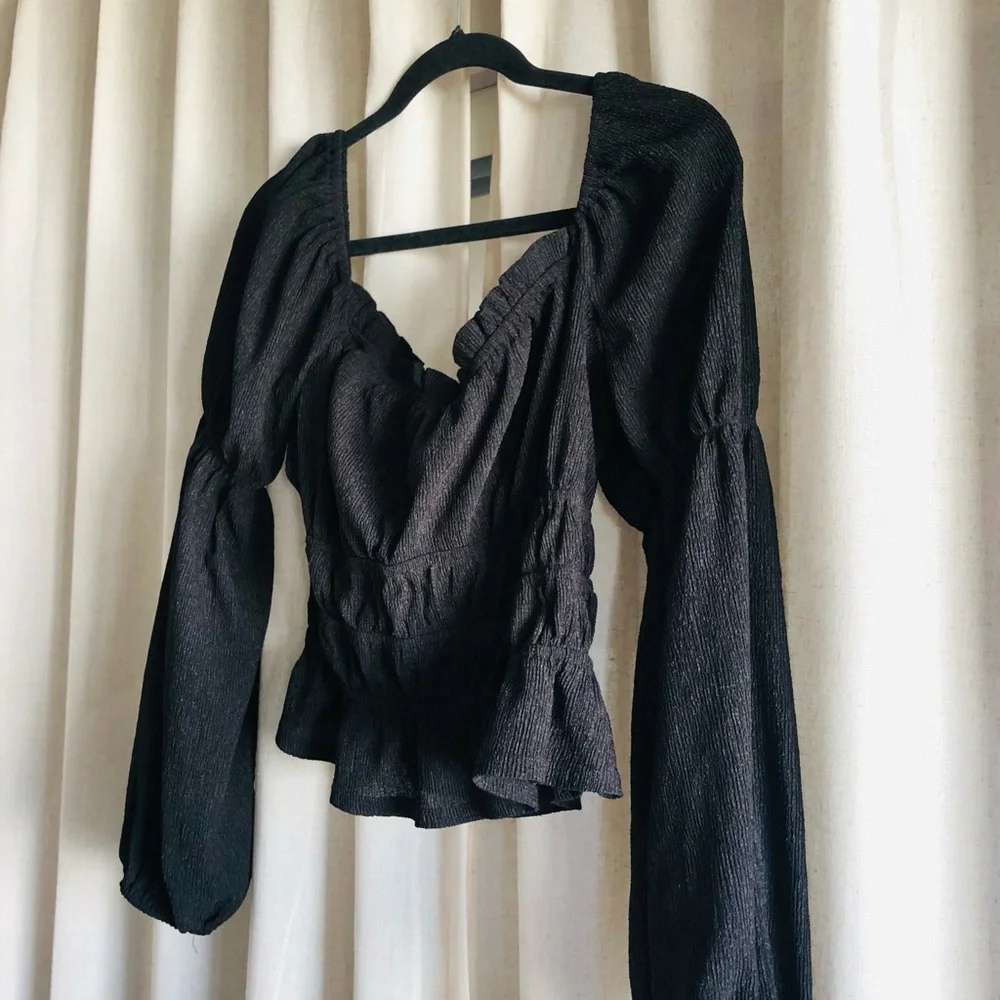 Astr Black Smocked Puff Sleeve Blouse